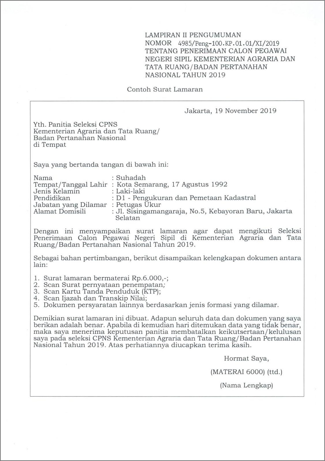 Contoh Surat Lamaran Ppnpn Kementerian Agraria Makassar
