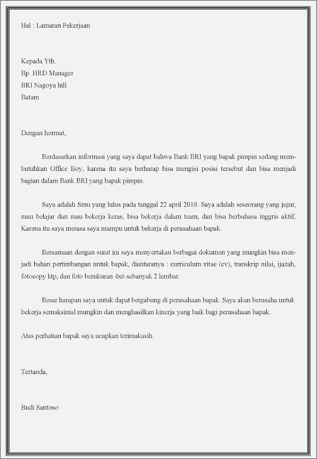 Contoh Surat Lamaran Resmi Bank