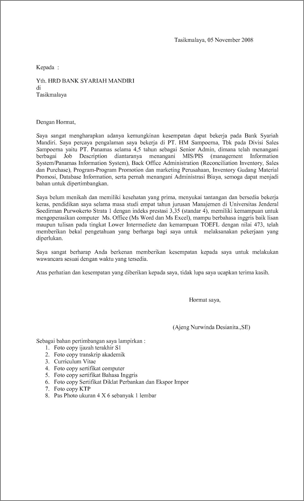 Contoh Surat Lamaran Sar Kota Banda Aceh