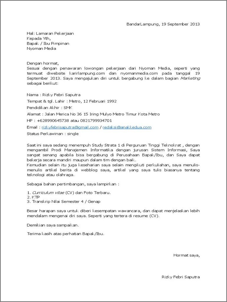 Contoh Surat Lamaran Siswa Ke Ptn