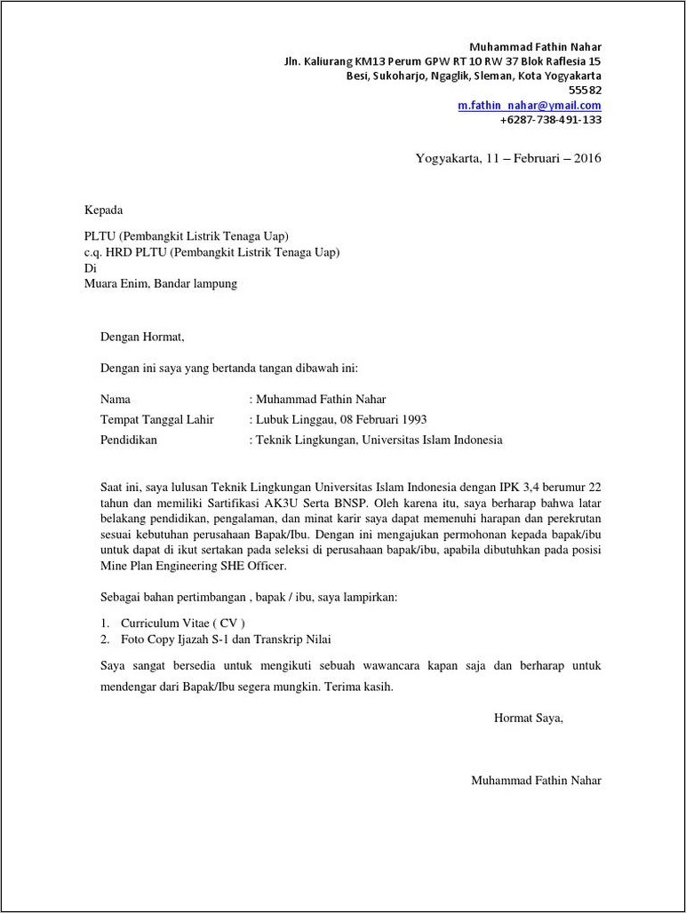 Contoh Surat Lamaran Sri Pamela Medika Nusantara