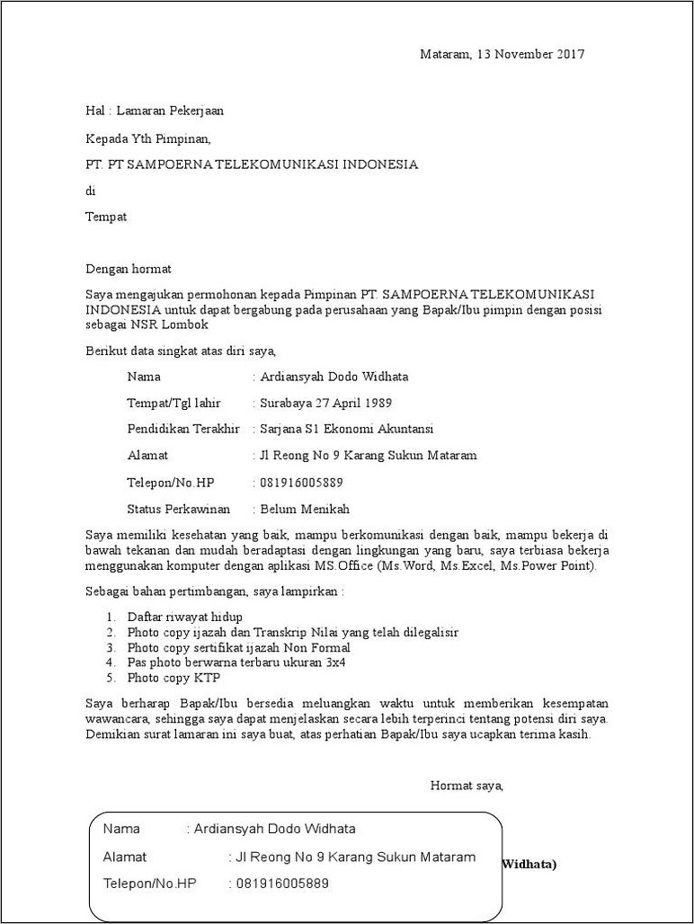 Contoh Surat Lamaran Telkom Indonesia