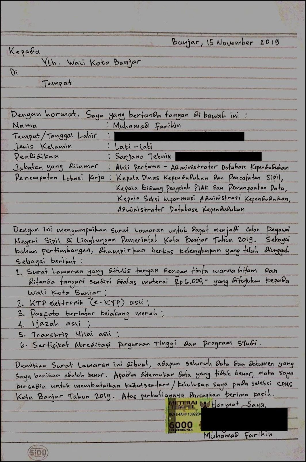 Contoh Surat Lamaran Tertulis Cpns 2019