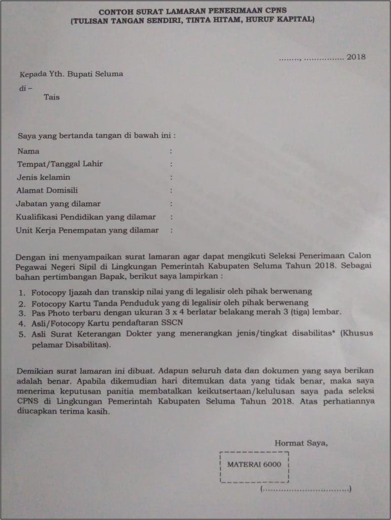 Contoh Surat Lamaran Tulis Tangan Cpns Pemerintah Kabupaten Cianjur