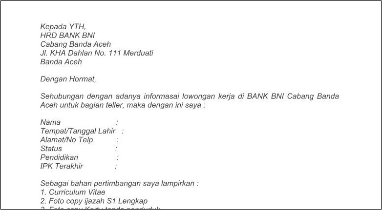 Contoh Surat Lamaran Untuk Bank Bpd