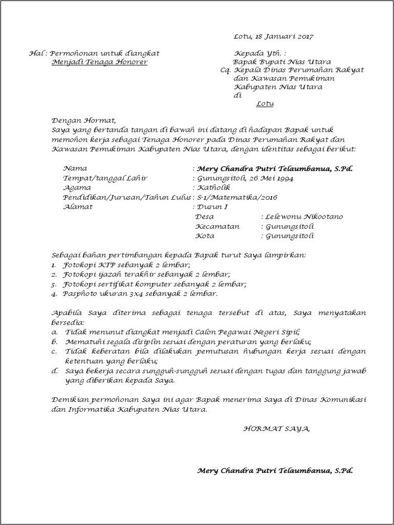 Contoh Surat Lamaran Untuk Bkd Palembang Honor