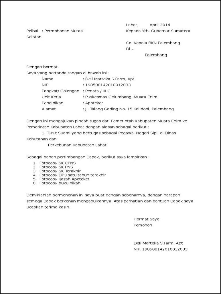 Contoh Surat Lamaran Untuk Bkd Palembang