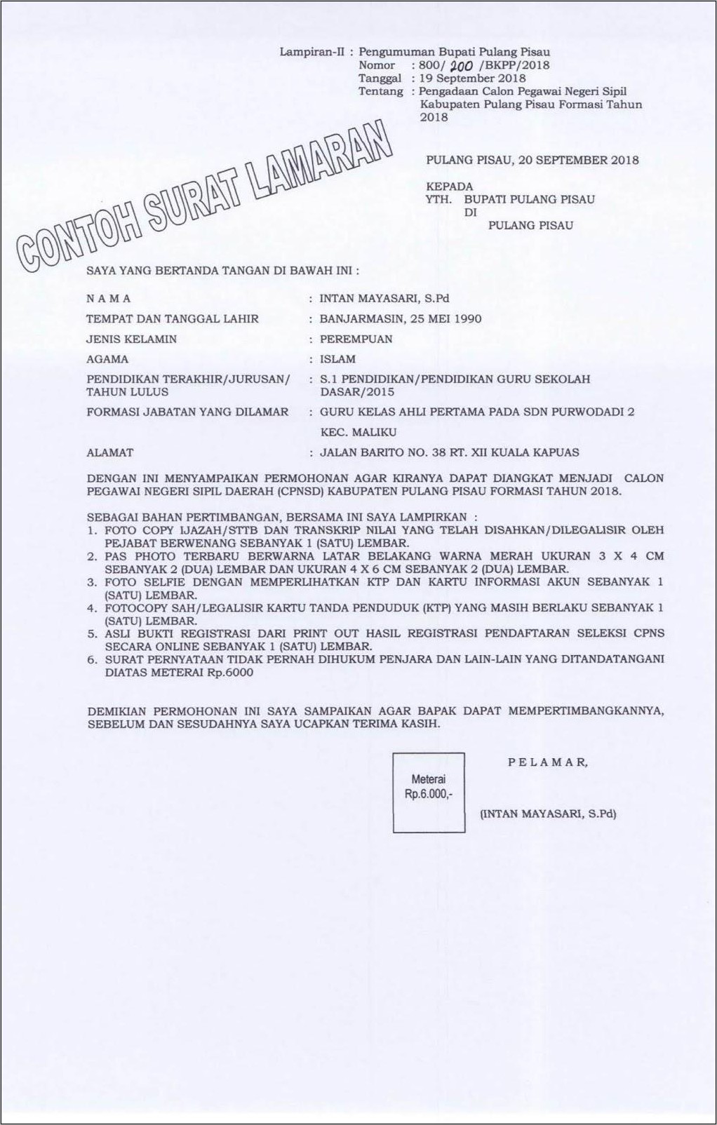 Contoh Surat Lamaran Untuk Cpns Belitung Timur 2019