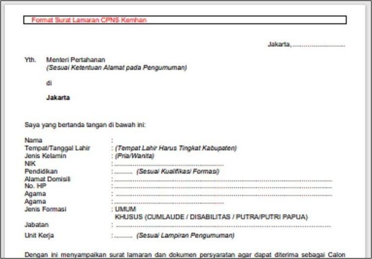 Contoh Surat Lamaran Untuk Daftar Tni