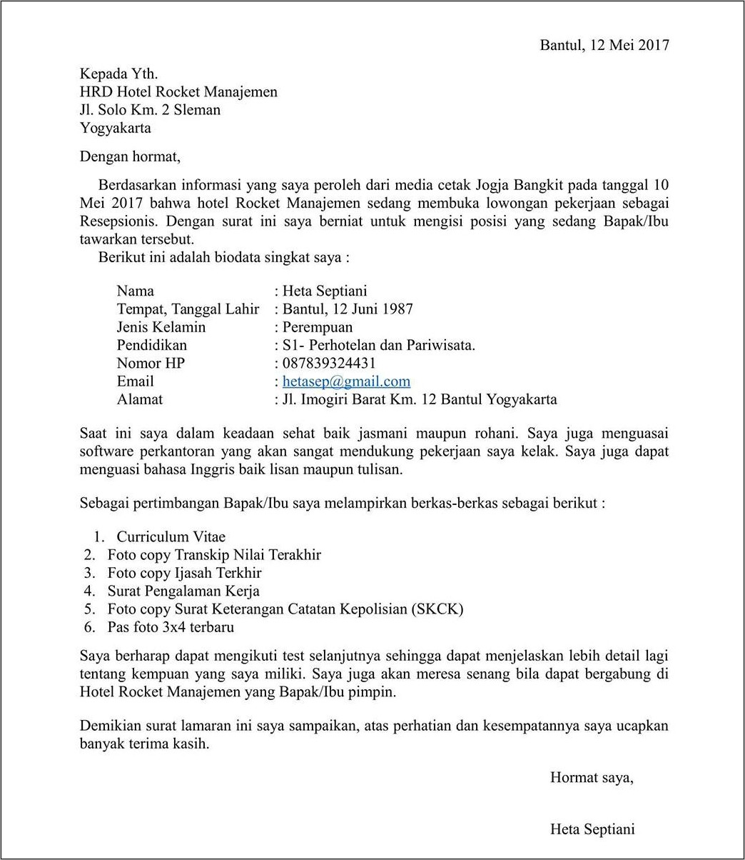 Contoh Surat Lamaran Untuk Di Bank Indonesia