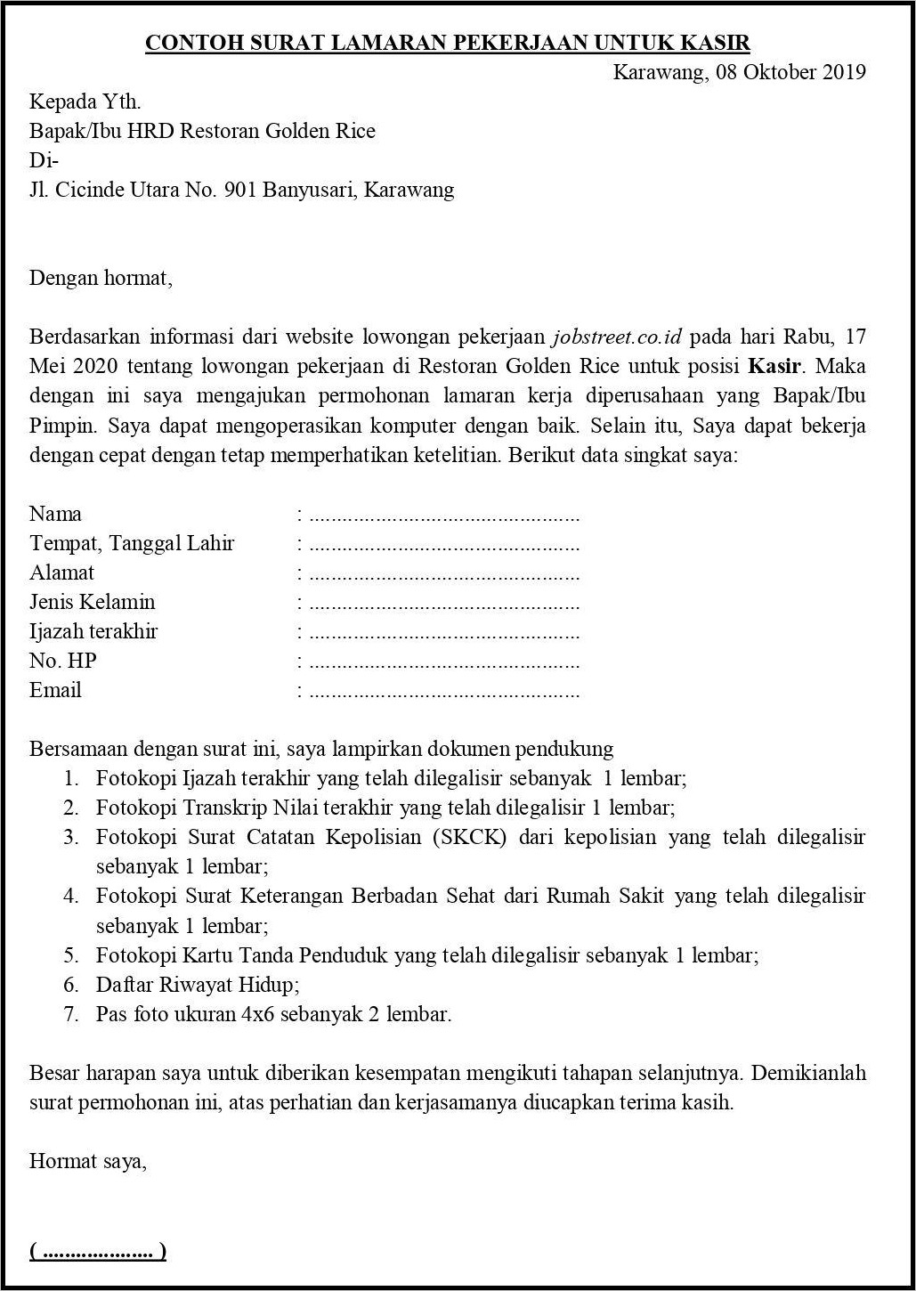 Contoh Surat Lamaran Untuk Di Indo Grosir