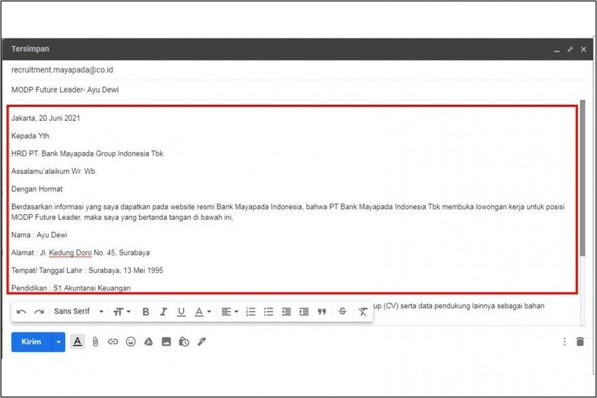 Contoh Surat Lamaran Untuk Gmail