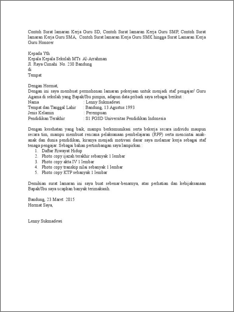 Contoh Surat Lamaran Untuk Guru Honor Sk Bupati