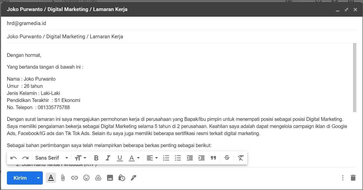 Contoh Surat Lamaran Untuk Kirim Gmail