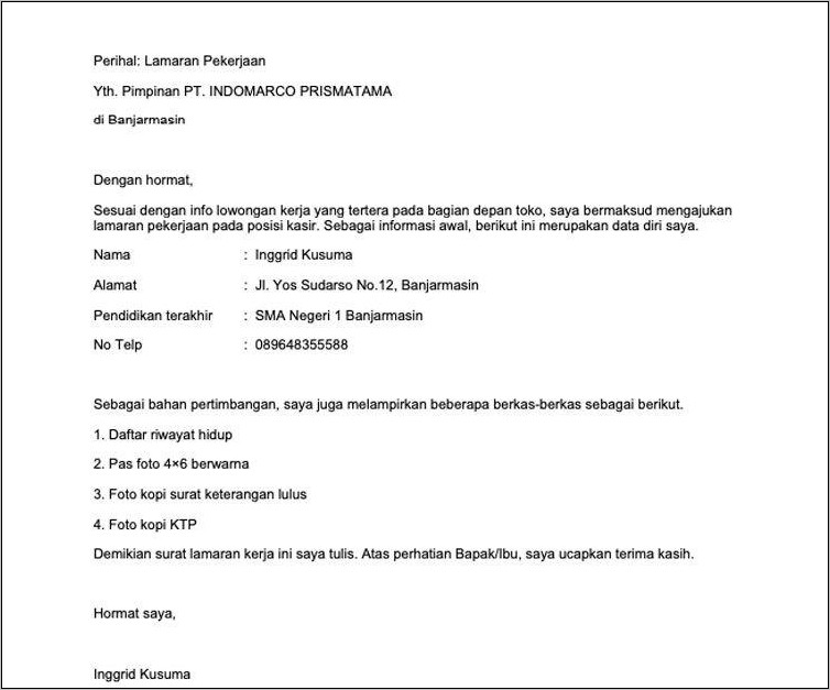 Contoh Surat Lamaran Untuk Pt Indomarco
