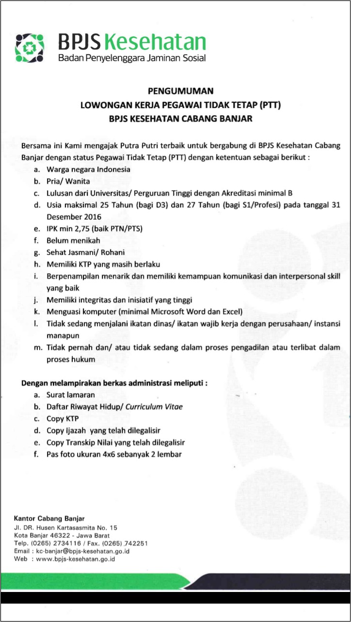 Contoh Surat Lamaran Untuk Ptt Di Bpjs