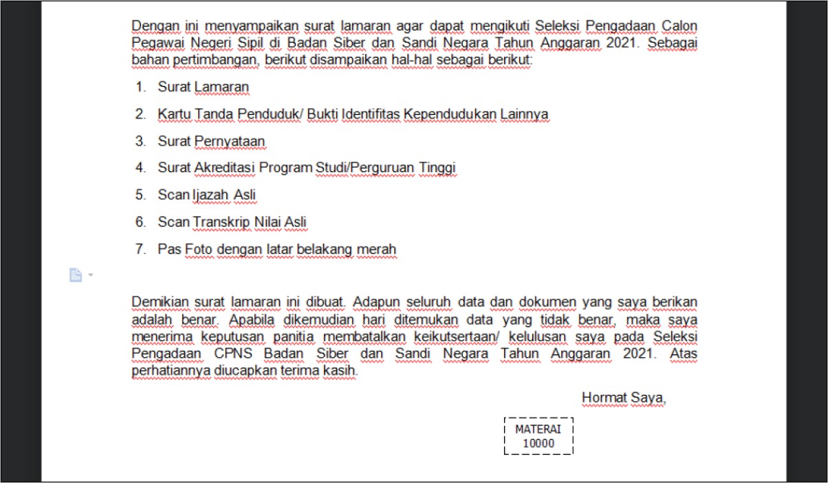 Contoh Surat Lamaran Untum Cpns