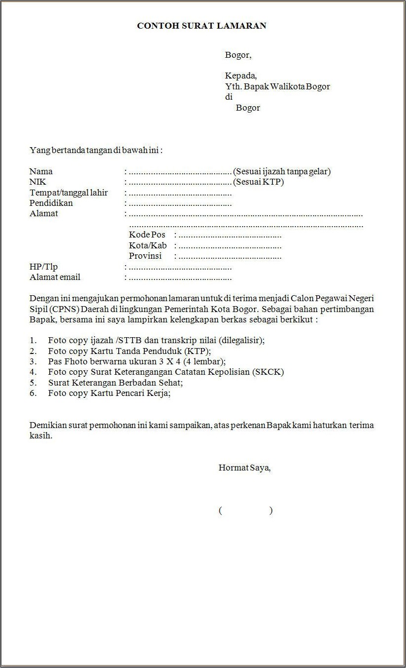 Contoh Surat Lamaran Walikota Bogor