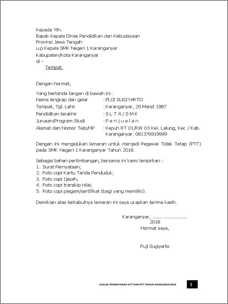 Contoh Surat Lamaran Yang Di Tujukan Ke Gubernur Jawa Tengah