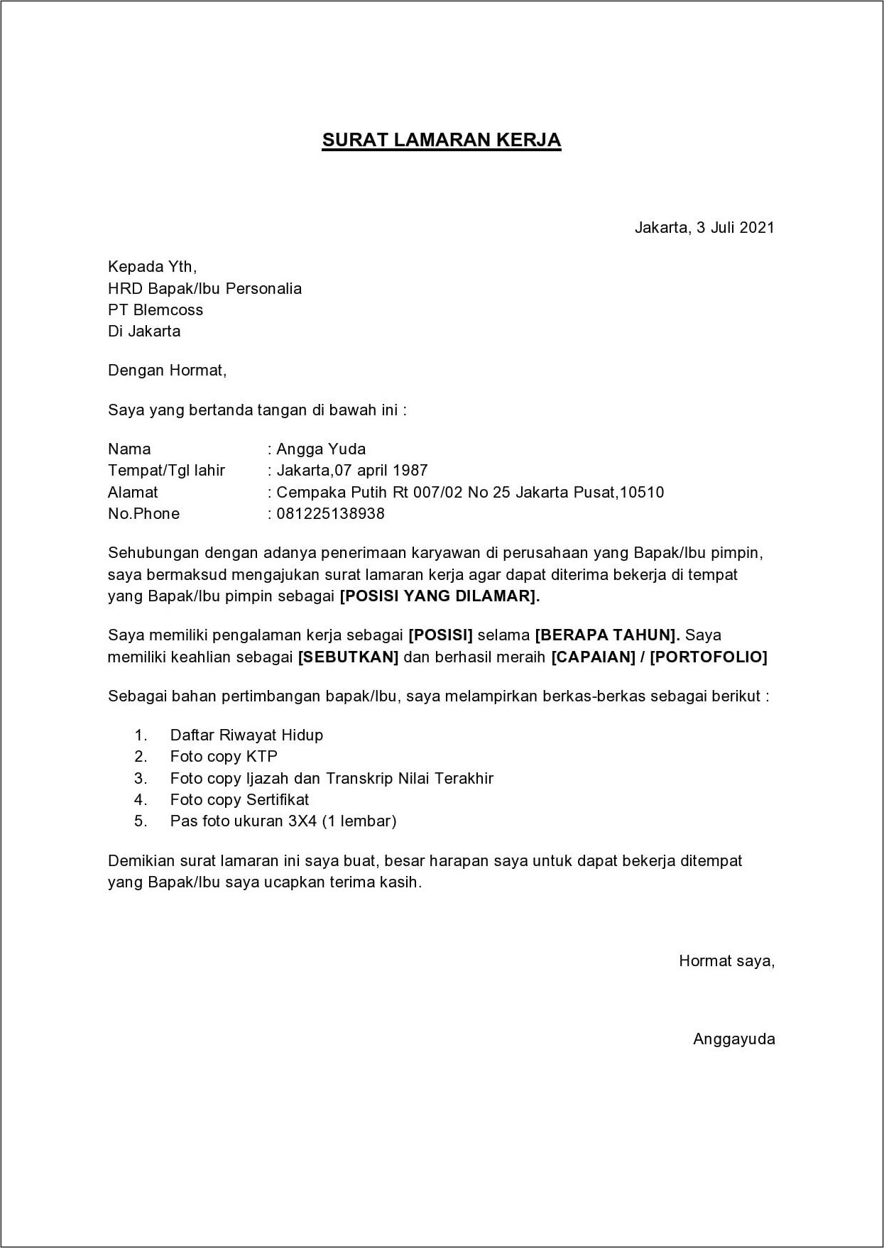 Contoh Surat Lamarran Kerja Yang Baik