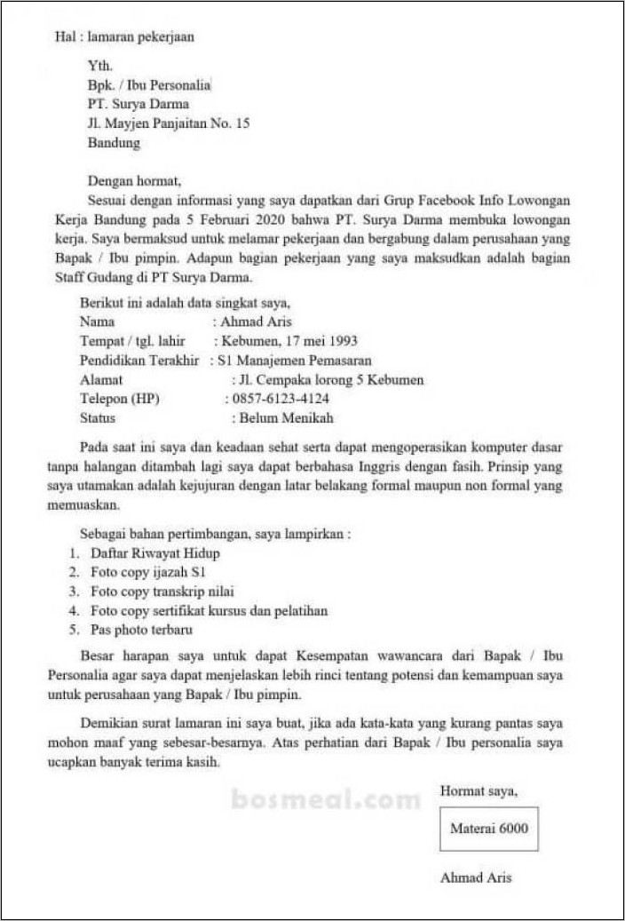 Contoh Surat Lammaran Pekerjaan