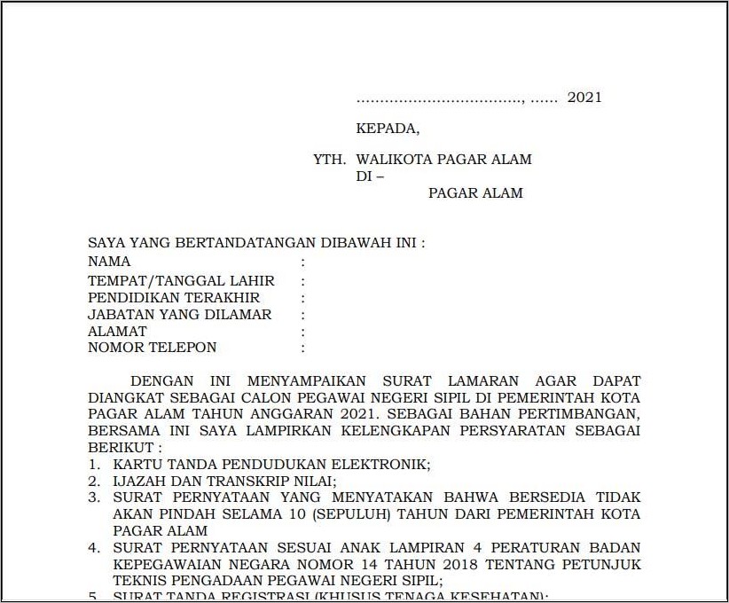 Contoh Surat Lamran Kerja Cpns