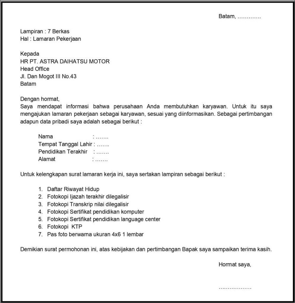 Contoh Surat Lamran Kerja Di Pabrik