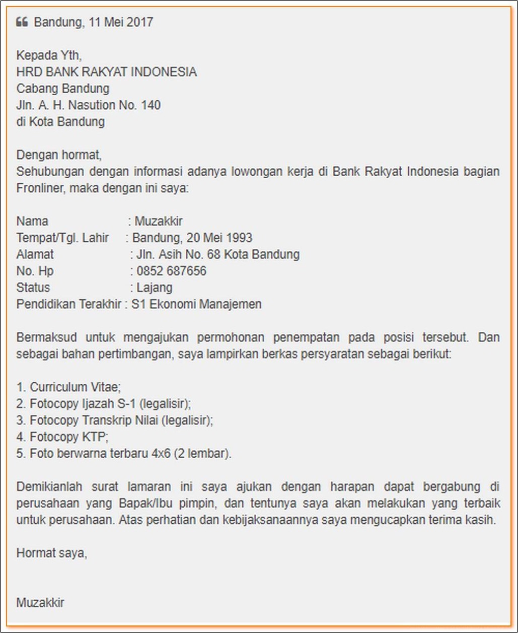 Contoh Surat Lamran Kerja Dibank Bri