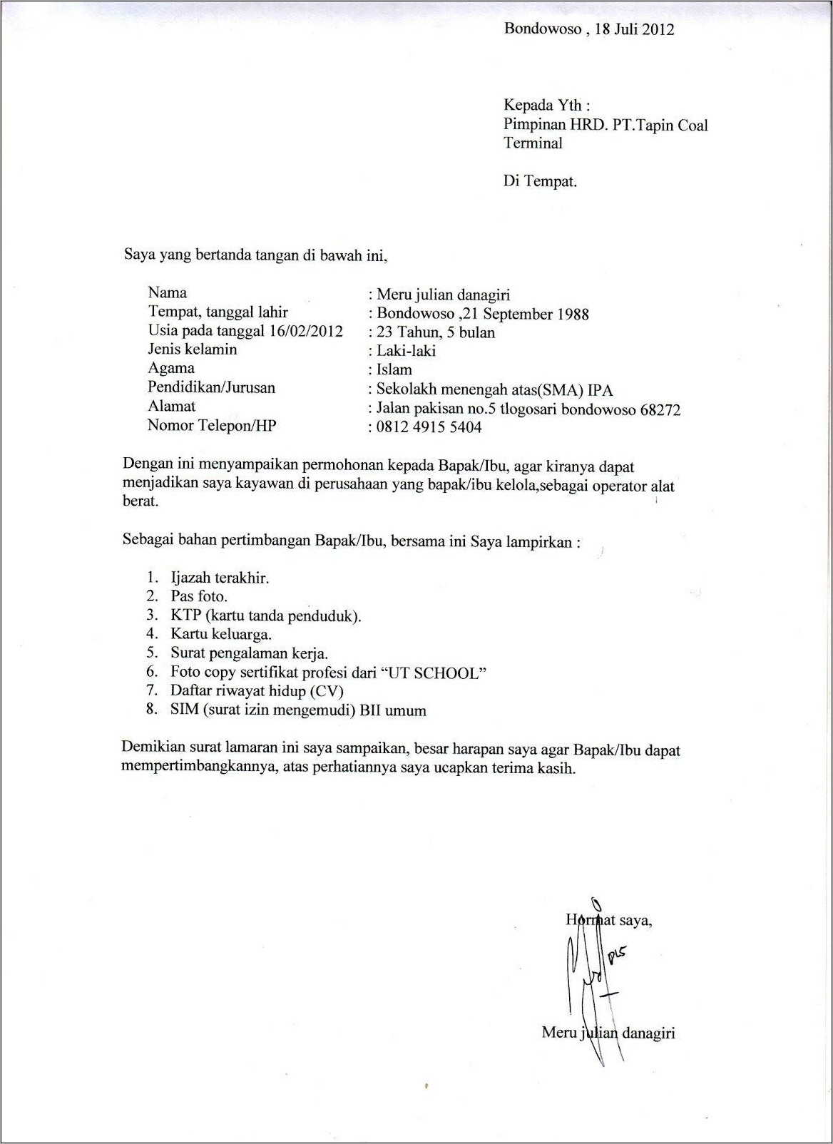 Contoh Surat Lamran Kerja Pt Doc