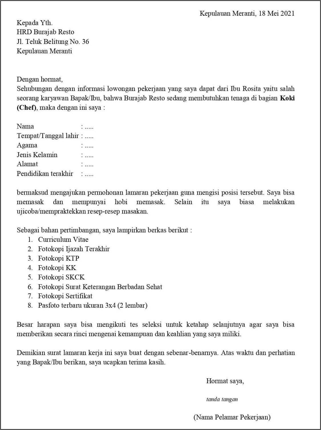 Contoh Surat Lowogan Perkerjaan