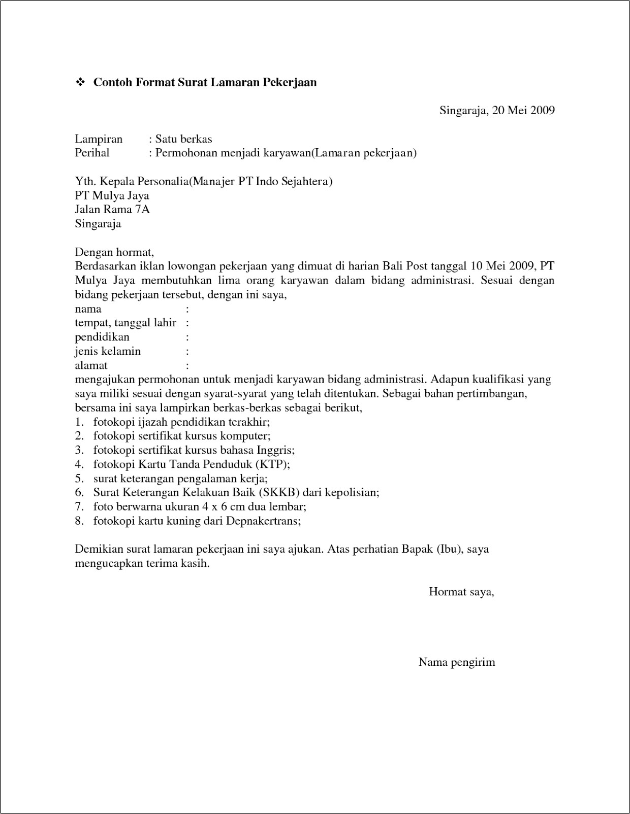 Contoh Surat Lowongan Kerja Adminnistrasi