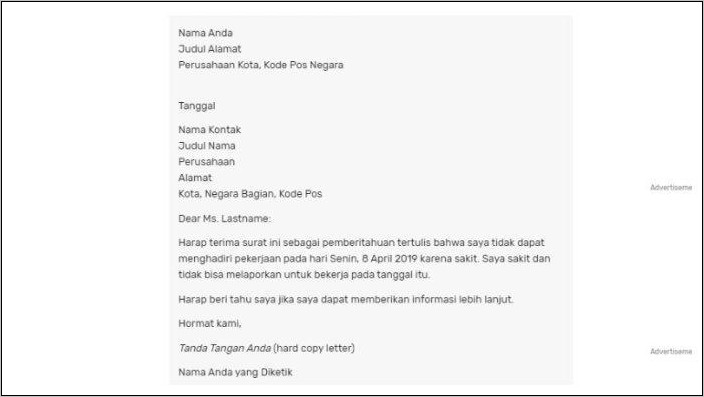 Contoh Surat Mohon Izin Tidak Masuk Kerja