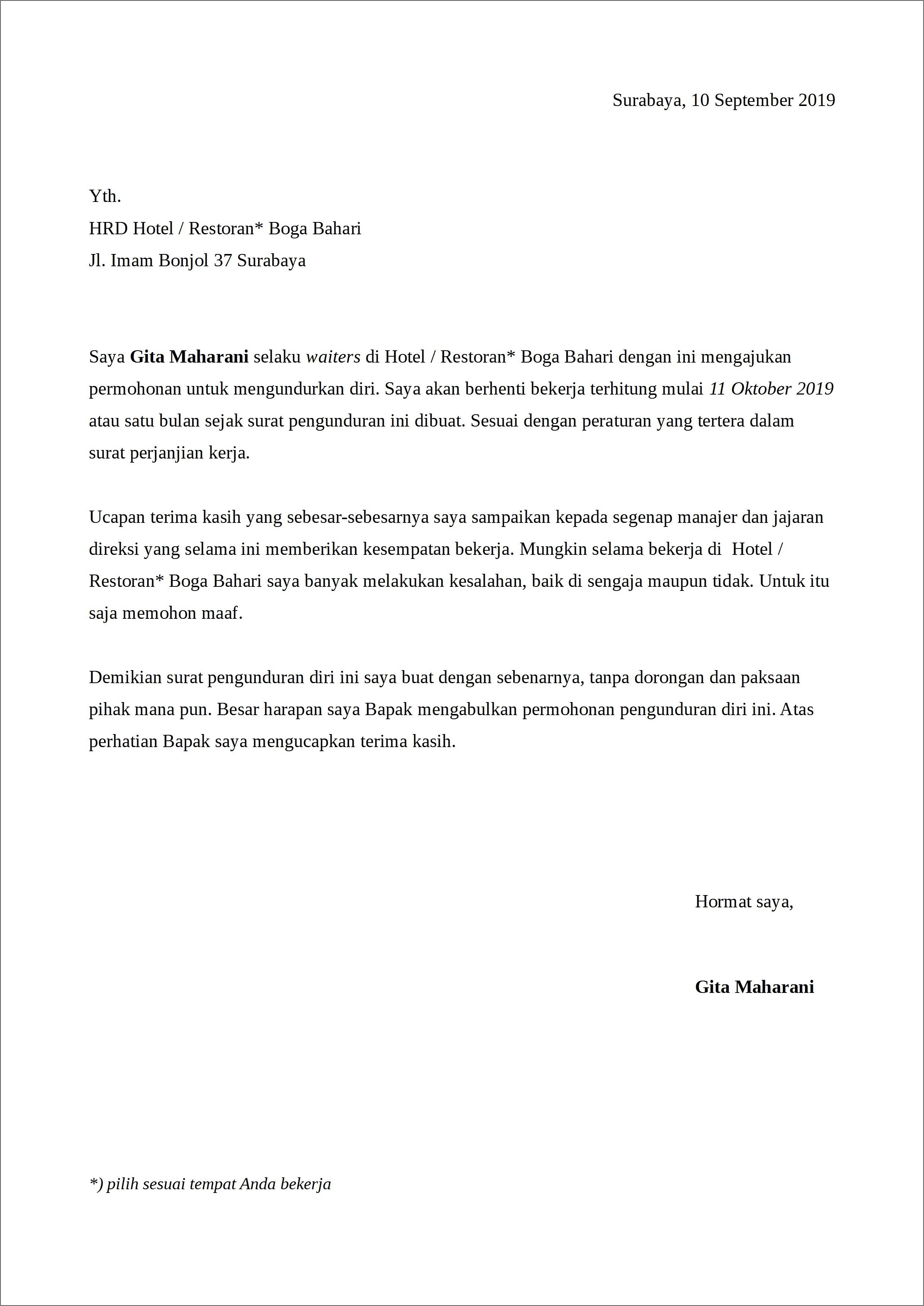 Contoh Surat Pemberhentian Kerja Bank