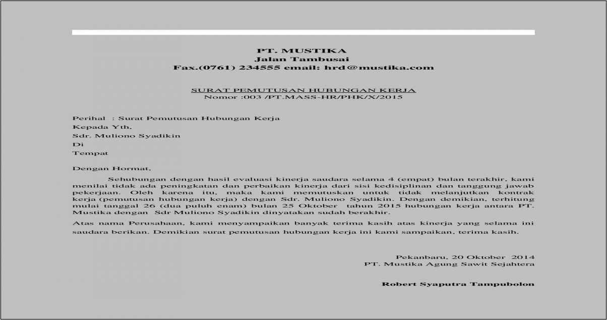 Contoh Surat Pemberhentian Kontrak Kerja Dalam Bahasa Inggris