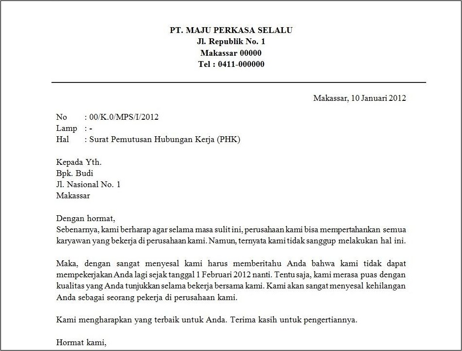 Contoh Surat Pemutusan Hubungan Kerja Antar Perusahaan