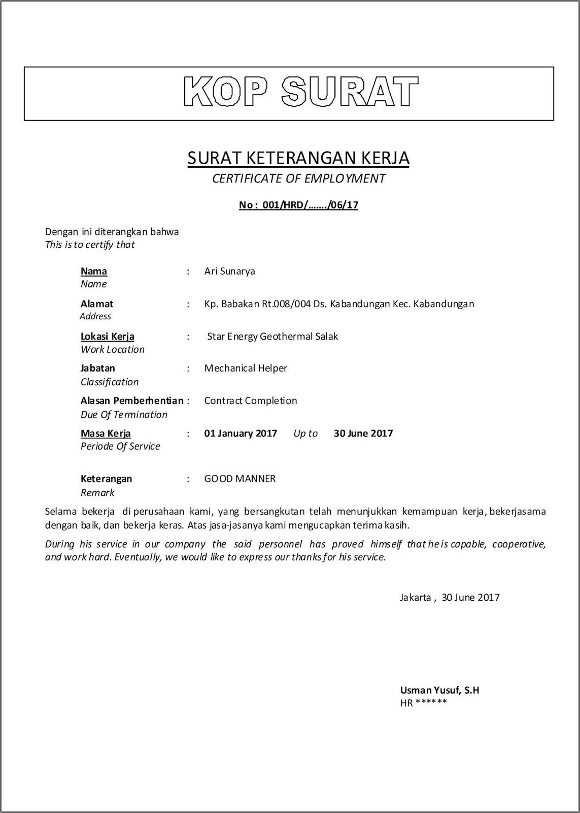 Contoh Surat Pemutusan Hubungan Kerja Berdasar Surat Pengunduran Diri