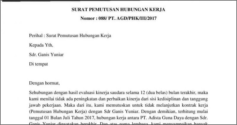 Contoh Surat Pemutusan Kerja Selama Masa Orientasi