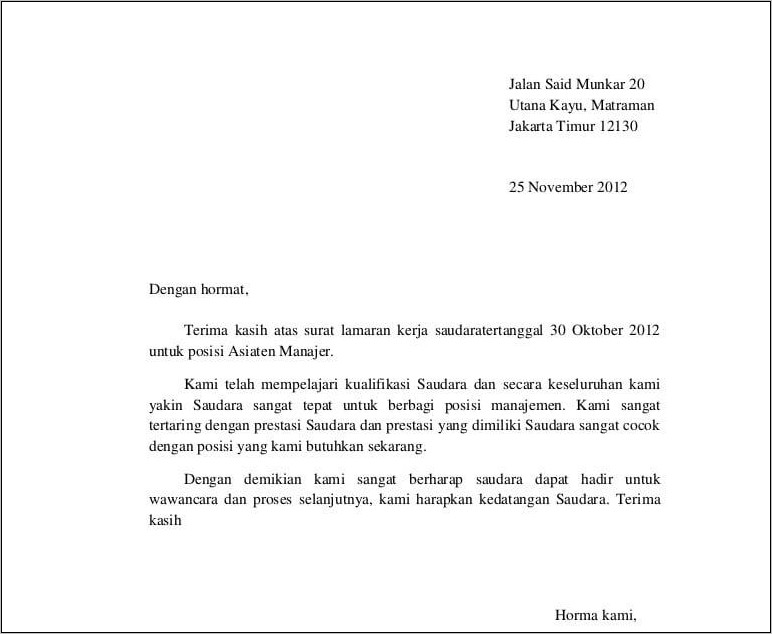 Contoh Surat Penerima Lamaran Kerja