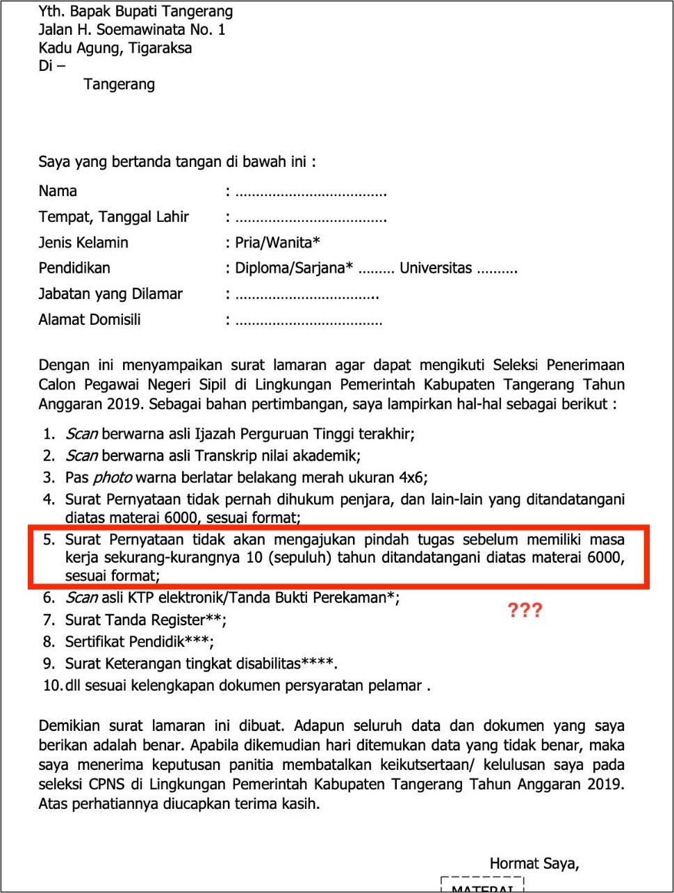 Contoh Surat Penerimaan Alih Tugas Bekerja Pemda Tangerang