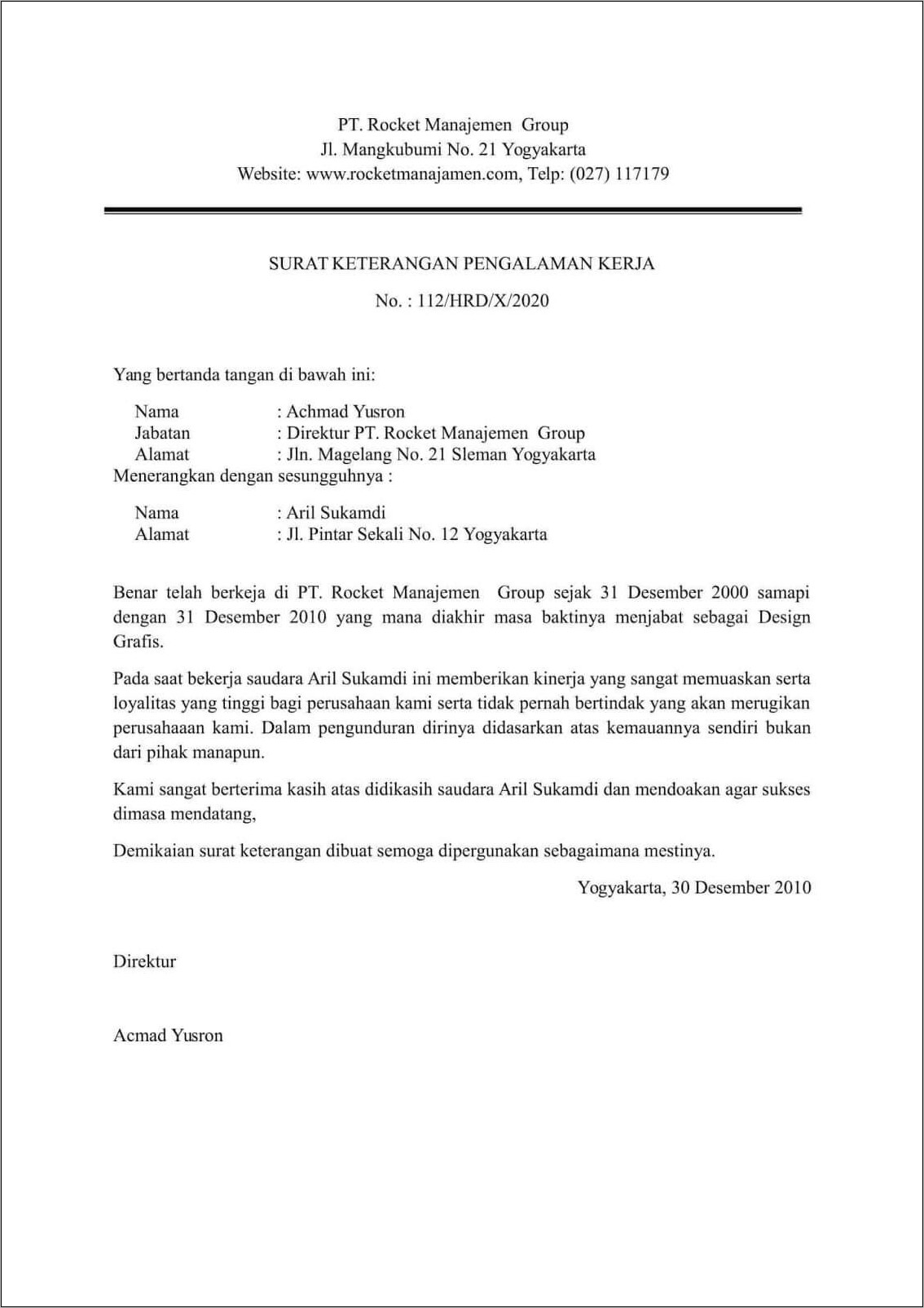 Contoh Surat Pengalaman Kerja Mahasiswa