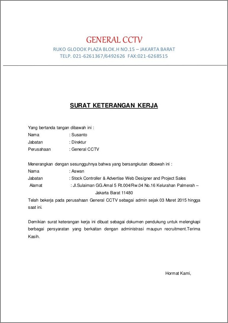 Contoh Surat Pengalamn Kerja