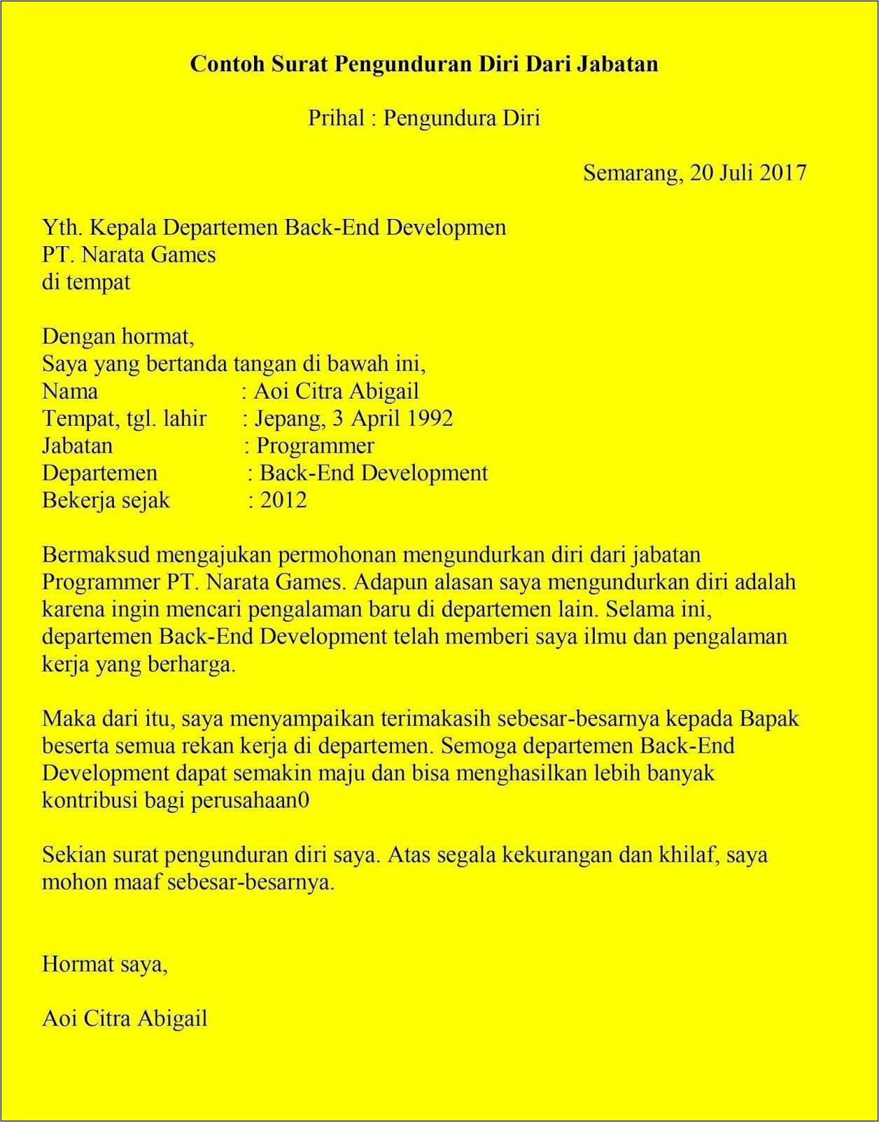 Contoh Surat Pengunduran Diri Kerja 2017