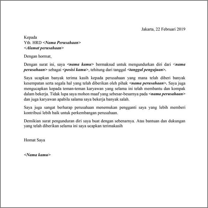 Contoh Surat Pengunduran Diri Kerja Dalam Bahasa Indonesia