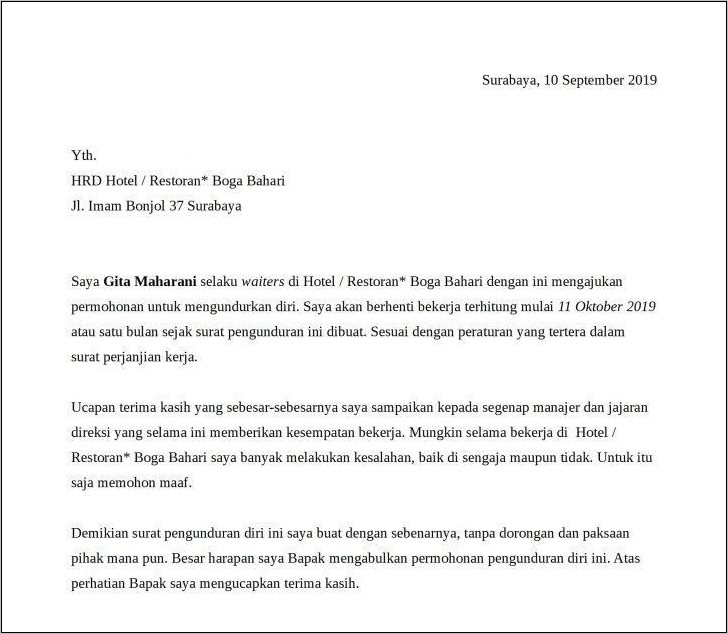 Contoh Surat Pengunduran Diri Kerja Di Indofood Nici