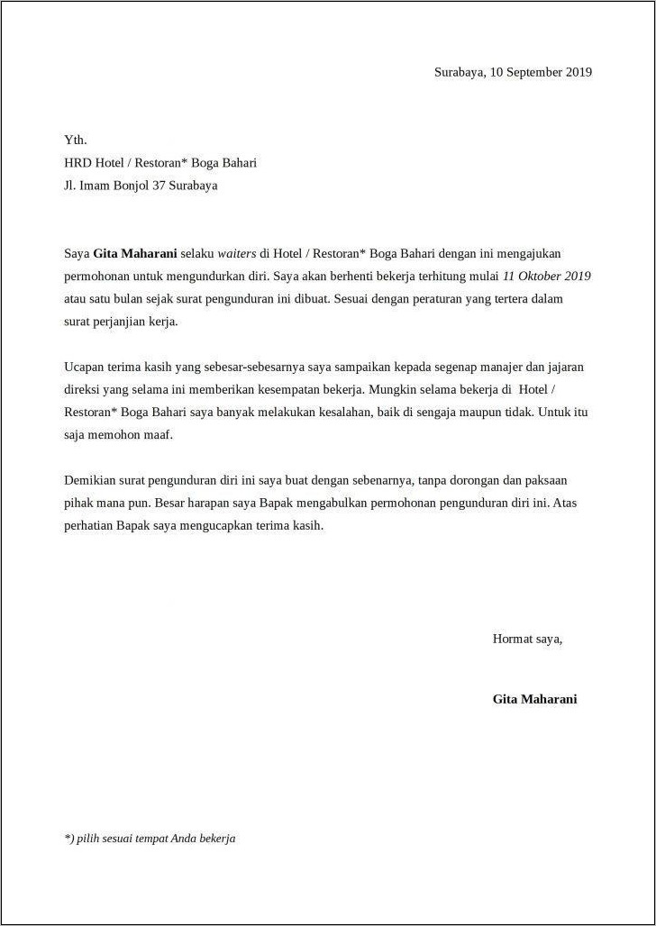 Contoh Surat Pengunduran Diri Kerja Di Restoran