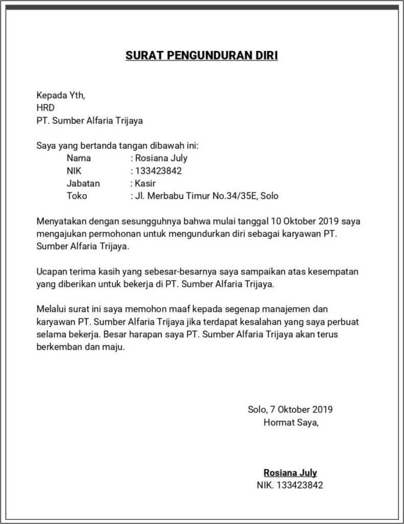 Contoh Surat Pengunduran Diri Kerja Mendadak