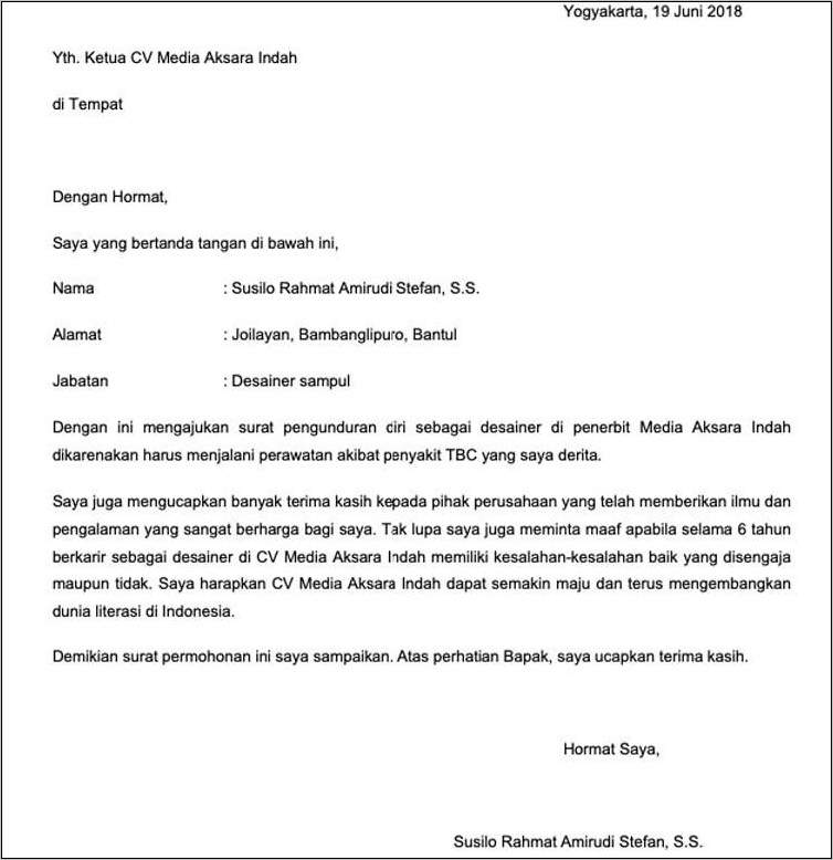 Contoh Surat Pengunduran Diri Kerja Prakte