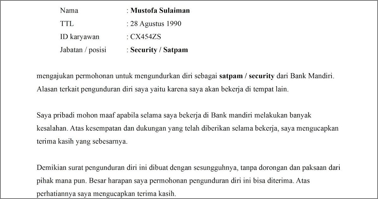 Contoh Surat Pengunduran Diri Kerja Security