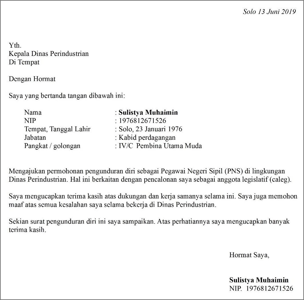 Contoh Surat Pengunduran Diri Kerja Yang Baik Dan Benar