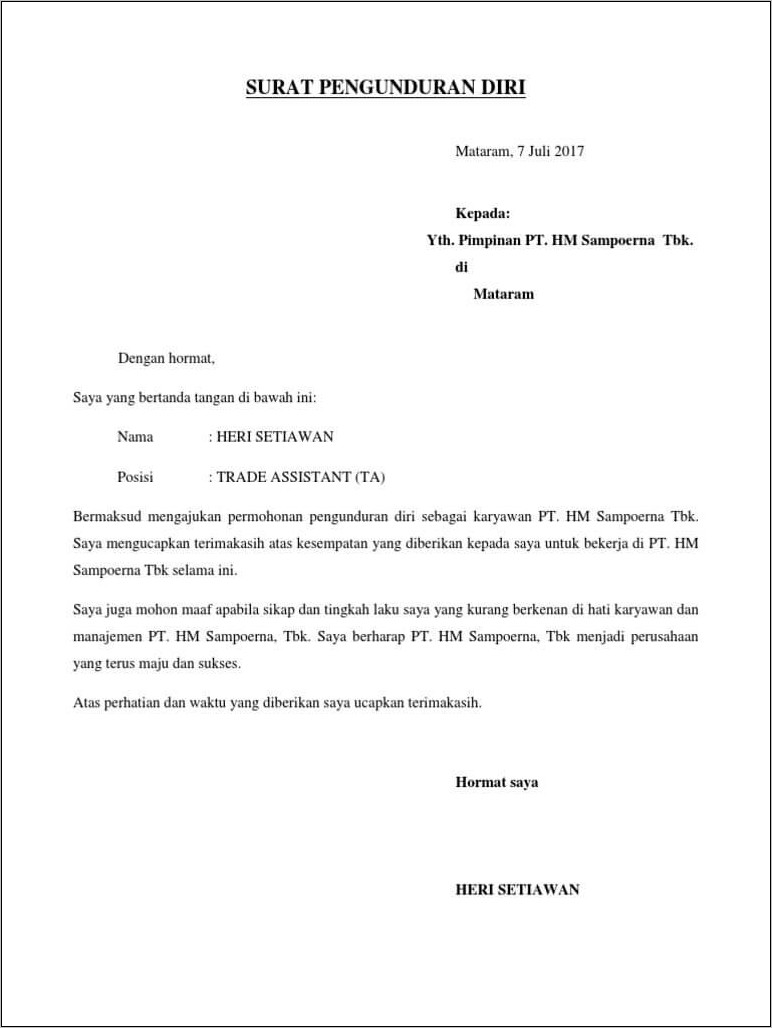 Contoh Surat Pengunduran Resign Kerja